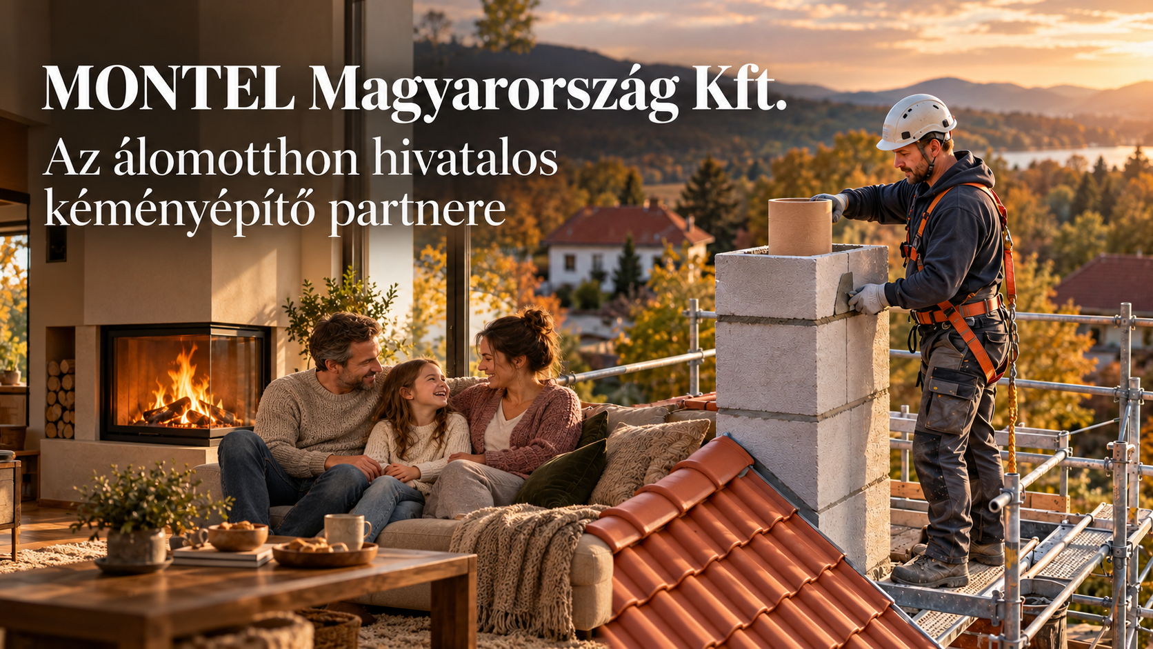 Család a kandalló mellett és kéményt építő szakember – a MONTEL Magyarország Kft. és Az álomotthon együttműködéséhez készült illusztráció